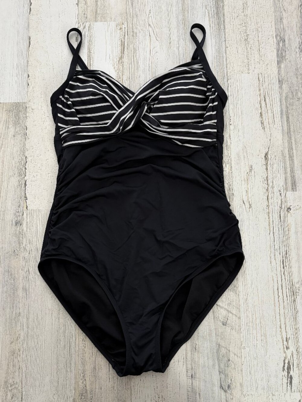 Merona Women's Size Large One Piece Swimsuit Black w/ Stripe Top Classic Style